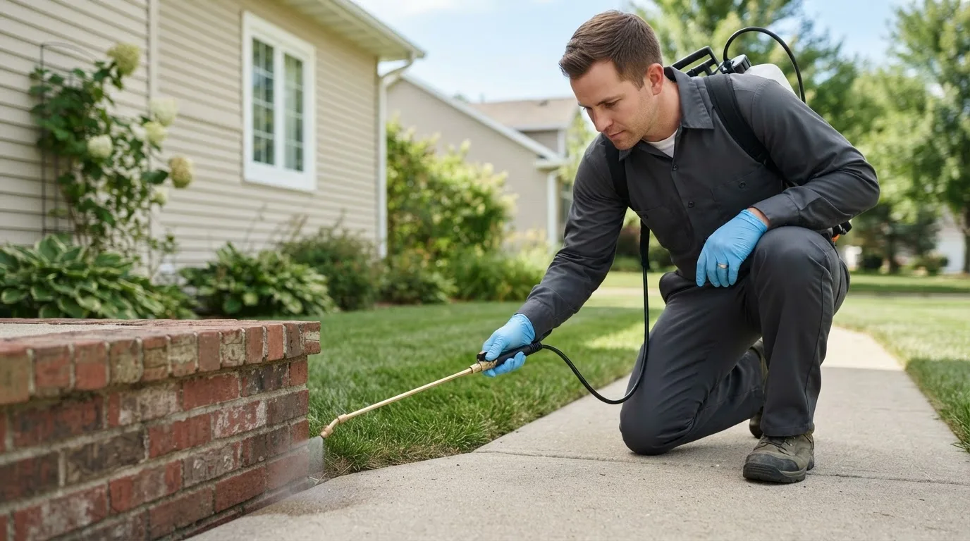 Pest control technician treating a home near Leonard, MO