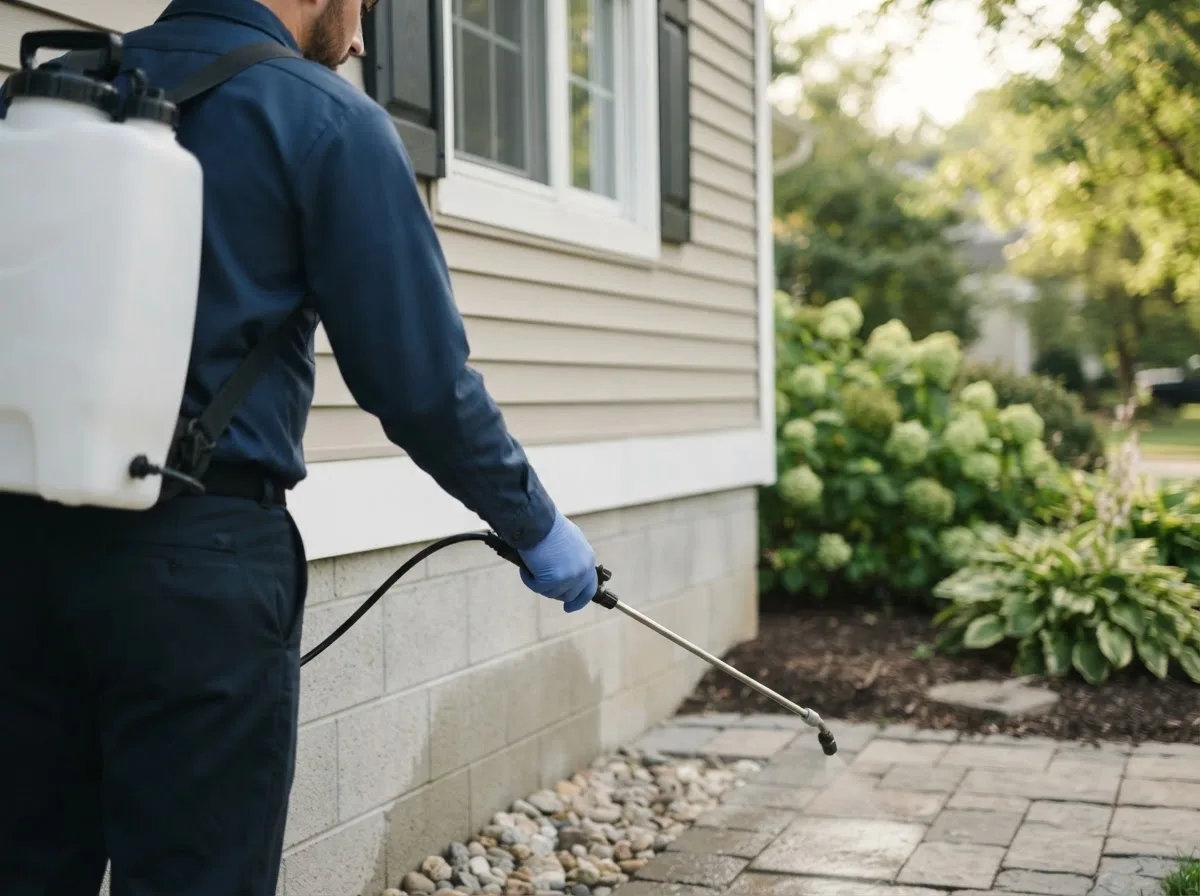 Pest control technician inspecting a home in Leonard, MO
